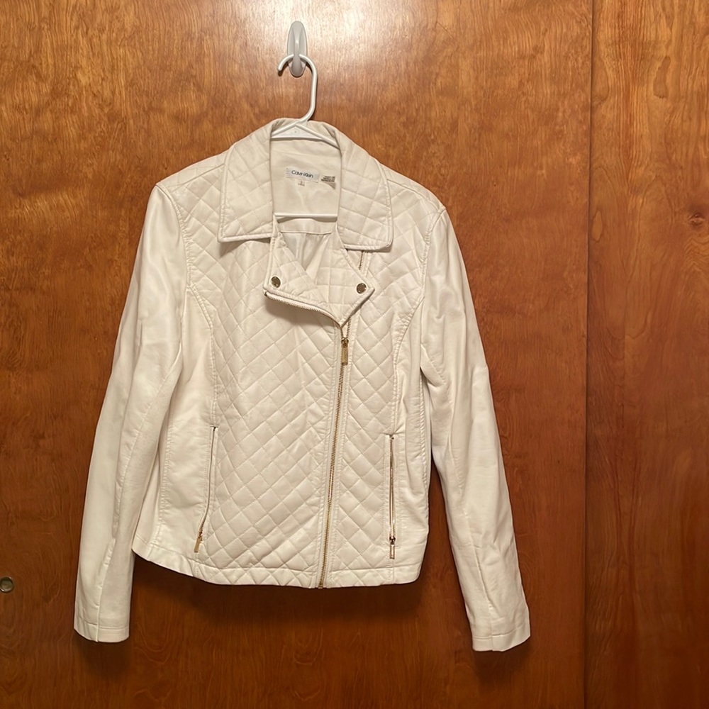 Calvin Klein White Faux Leather Moto Jacket